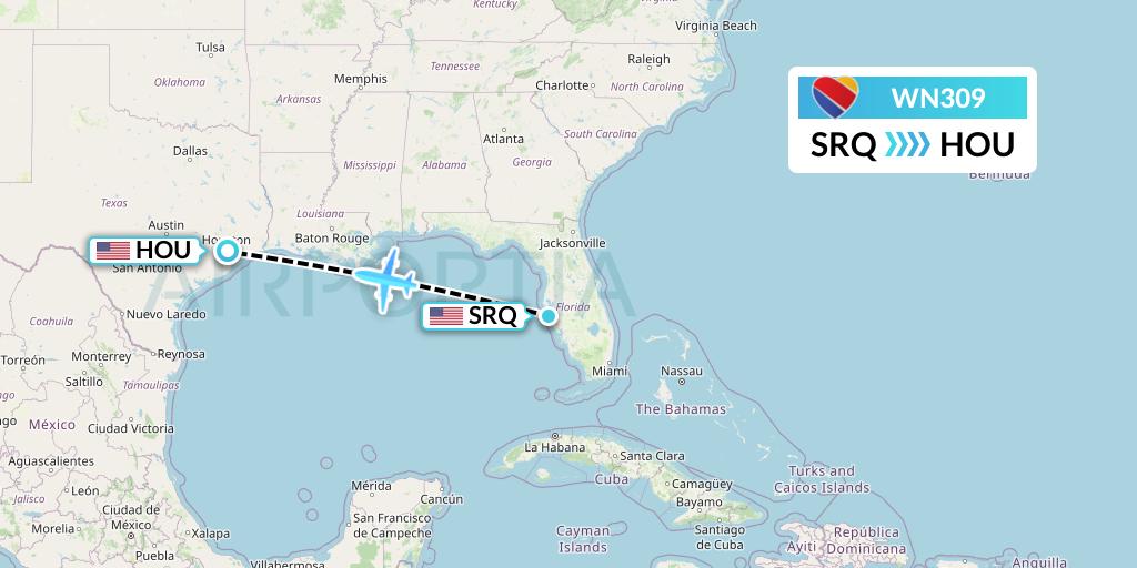 WN309 Southwest Airlines Flight Map: Sarasota to Houston