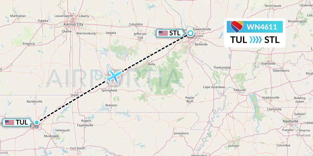 WN4611 Southwest Airlines Flight Map: Tulsa to St. Louis