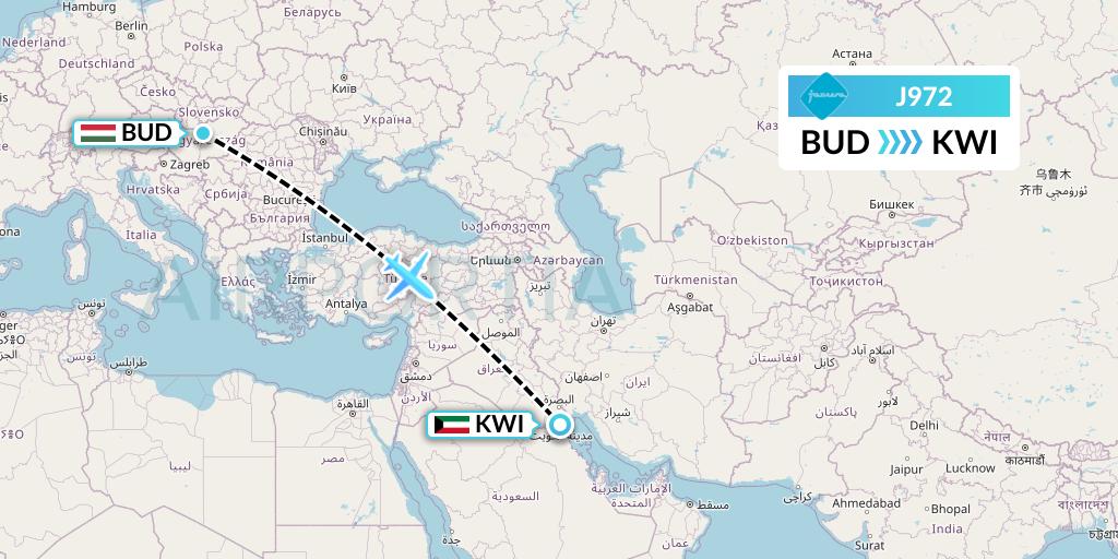 J972 Jazeera Airways Flight Map: Budapest to Kuwait City
