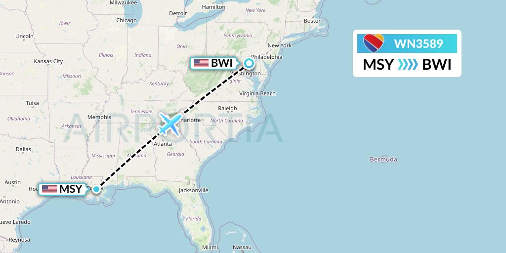 WN3589 Southwest Airlines Flight Map: New Orleans to Baltimore