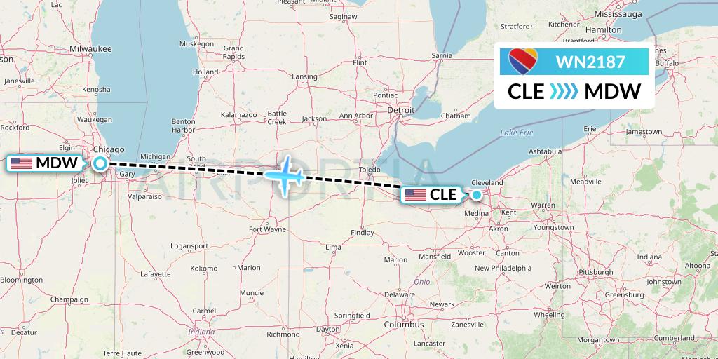 WN2187 Southwest Airlines Flight Map: Cleveland to Chicago