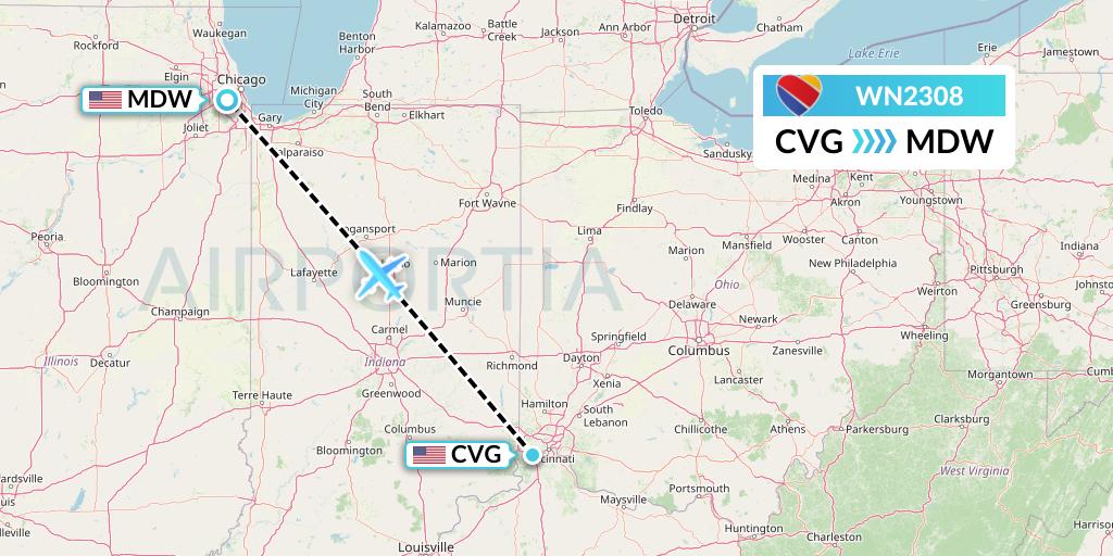 WN2308 Southwest Airlines Flight Map: Cincinnati to Chicago