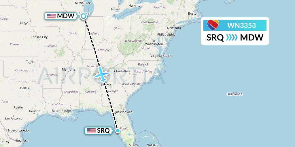 WN3353 Southwest Airlines Flight Map: Sarasota to Chicago