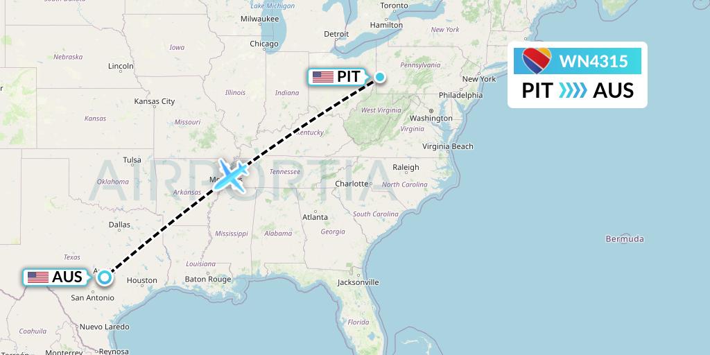 WN4315 Southwest Airlines Flight Map: Pittsburgh to Austin