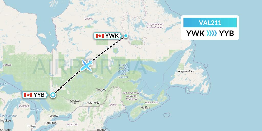 VAL211 Voyageur Airlines Flight Map: Wabush to North Bay