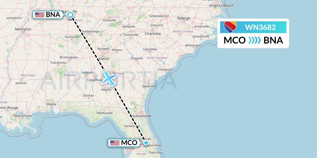 WN3682 Southwest Airlines Flight Map: Orlando to Nashville