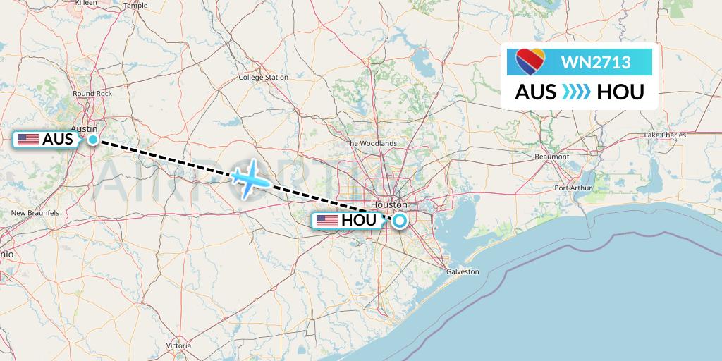 WN2713 Southwest Airlines Flight Map: Austin to Houston