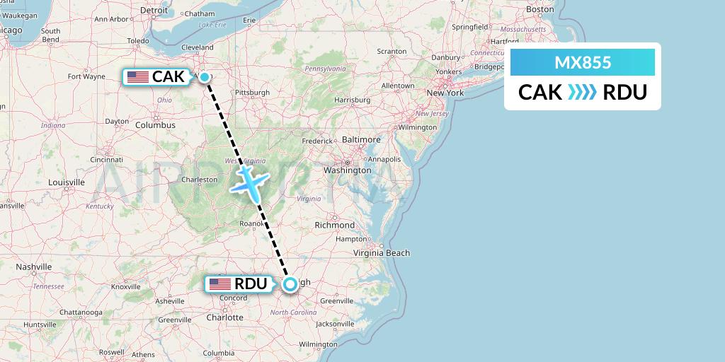 MX855 Breeze Airways Flight Map: Akron to Raleigh-Durham