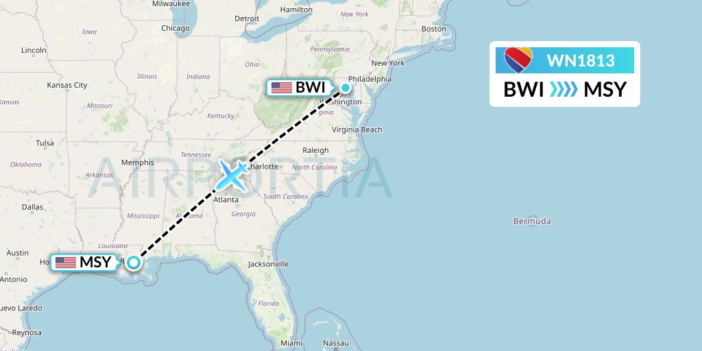 WN1813 Southwest Airlines Flight Map: Baltimore to New Orleans