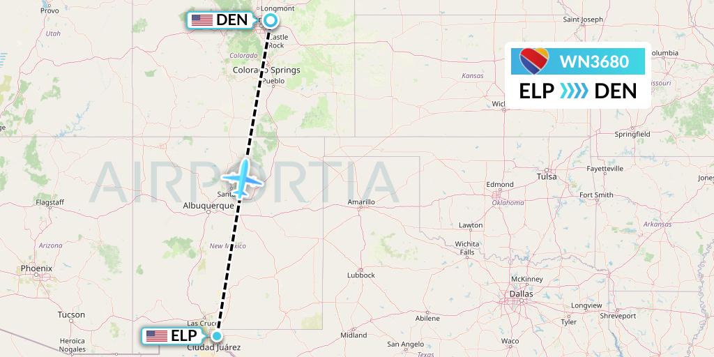WN3680 Southwest Airlines Flight Map: El Paso to Denver