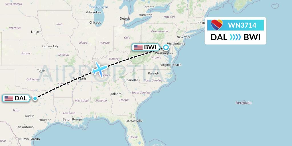 WN3714 Southwest Airlines Flight Map: Dallas to Baltimore