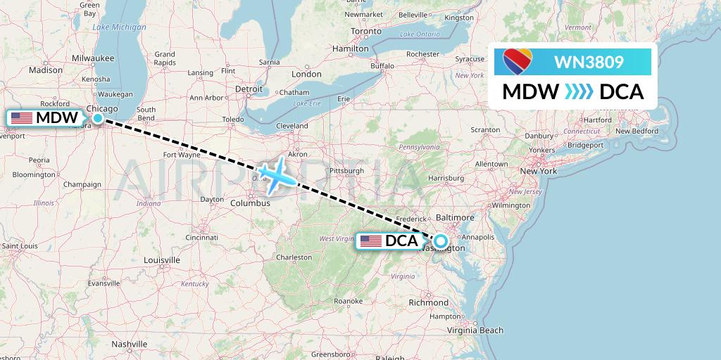 WN3809 Southwest Airlines Flight Map: Chicago to Washington