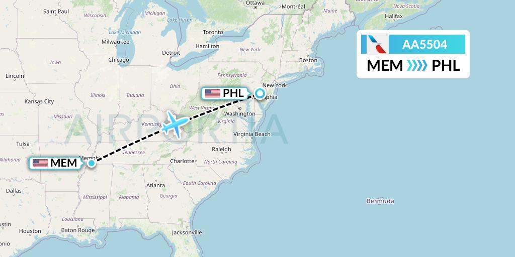AA5504 American Airlines Flight Map: Memphis to Philadelphia