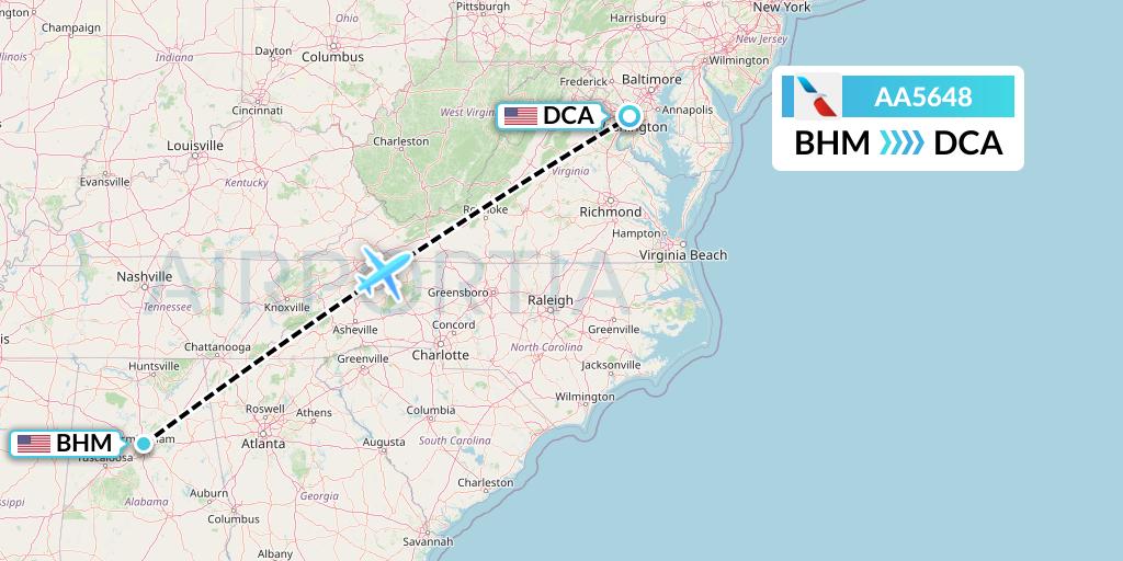 AA5648 American Airlines Flight Map: Birmingham to Washington