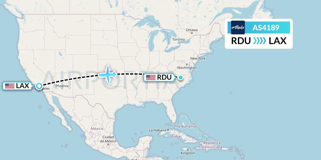 AS4189 Alaska Airlines Flight Map: Raleigh-Durham to Los Angeles