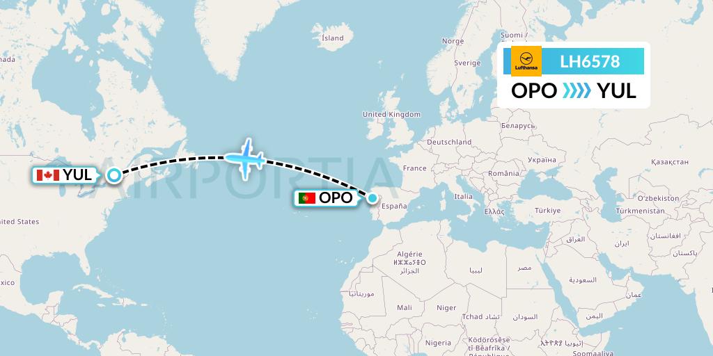 LH6578 Lufthansa Flight Map: Porto to Montreal