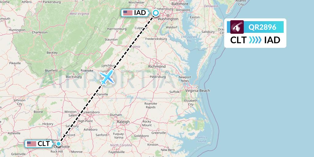 QR2896 Qatar Airways Flight Map: Charlotte to Washington