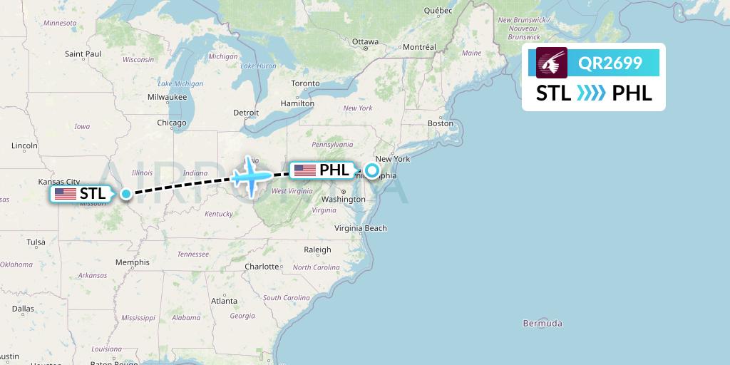 QR2699 Qatar Airways Flight Map: St. Louis to Philadelphia