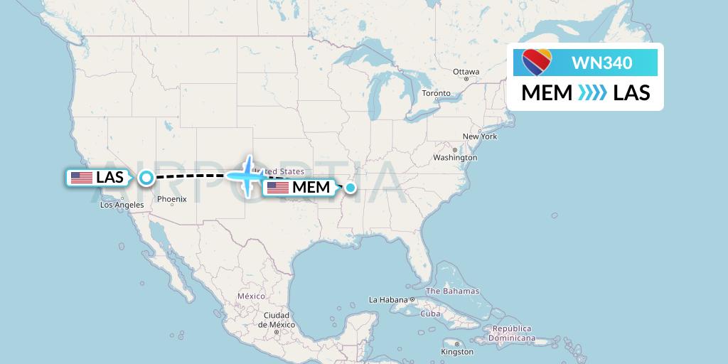 WN340 Southwest Airlines Flight Map: Memphis to Las Vegas