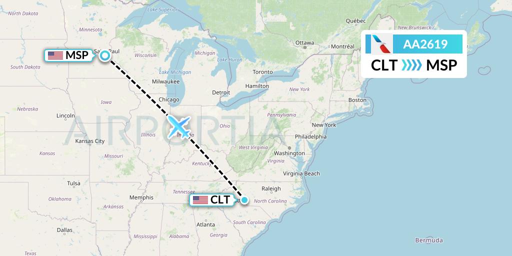AA2619 American Airlines Flight Map: Charlotte to Minneapolis