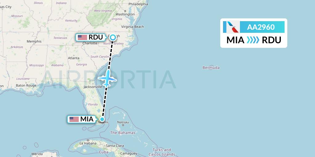 AA2960 American Airlines Flight Map: Miami to Raleigh-Durham