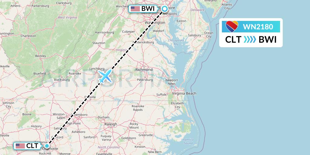 WN2180 Southwest Airlines Flight Map: Charlotte to Baltimore