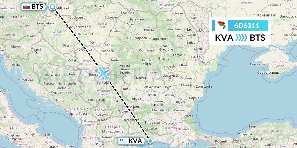 6D6311 Travel Service Slovakia Flight Map: Kavala to Bratislava