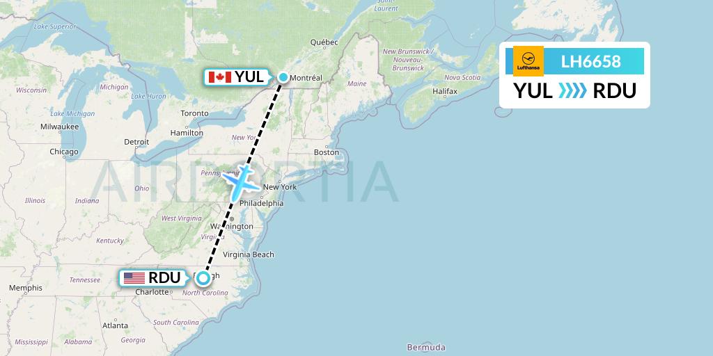 LH6658 Lufthansa Flight Map: Montreal to Raleigh-Durham
