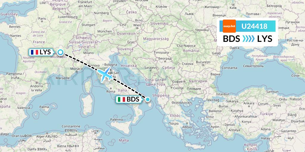 U24418 EasyJet Flight Map: Brindisi to Lyon