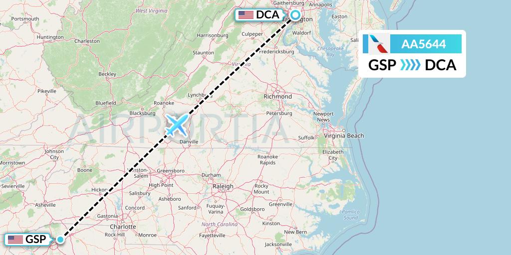 AA5644 American Airlines Flight Map: Greenville-Spartanburg to Washington