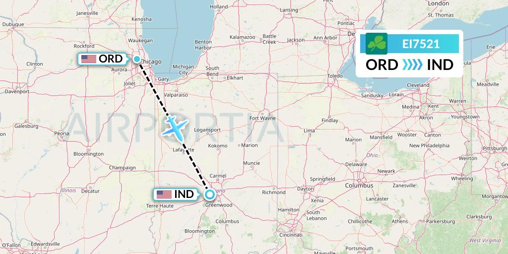 EI7521 Aer Lingus Flight Map: Chicago to Indianapolis