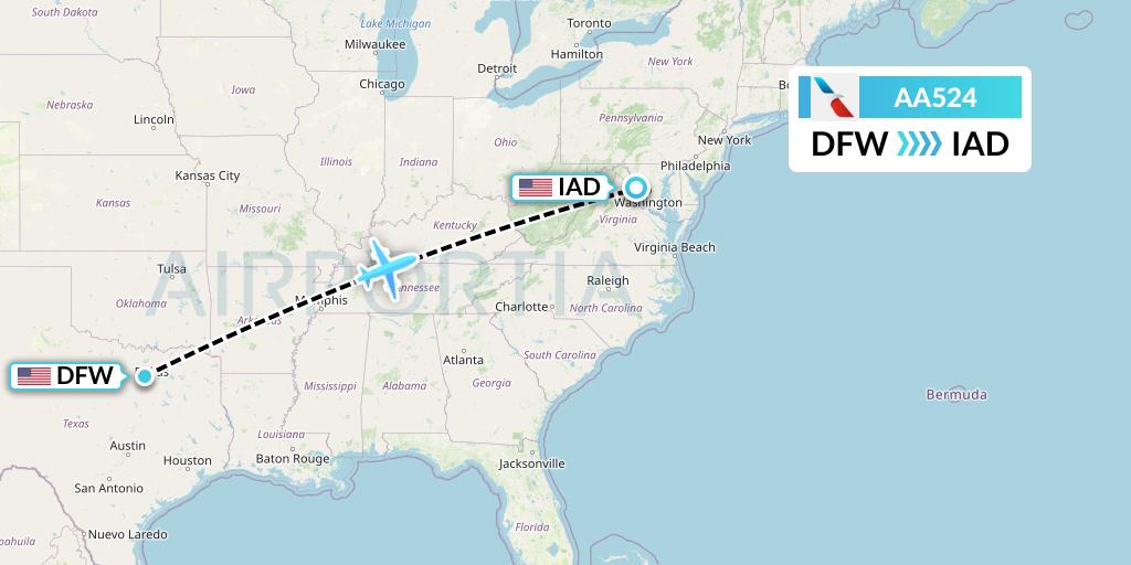 AA524 American Airlines Flight Map: Dallas to Washington