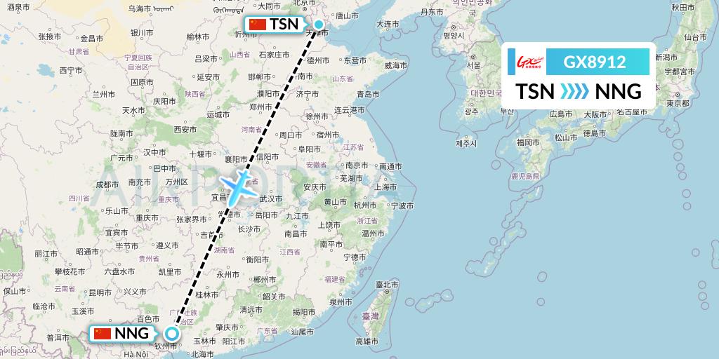 GX8912 GX Airlines Flight Map: Tianjin to Nanning