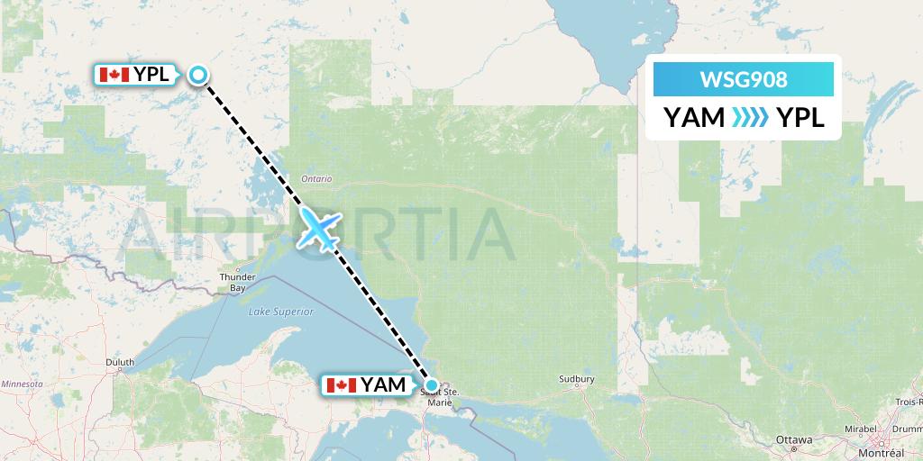 WSG908 Wasaya Airways Flight Map: Sault Ste. Marie to Pickle Lake