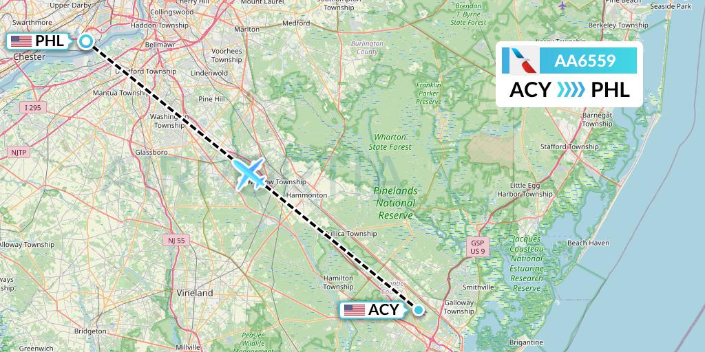 AA6559 American Airlines Flight Map: Atlantic City to Philadelphia