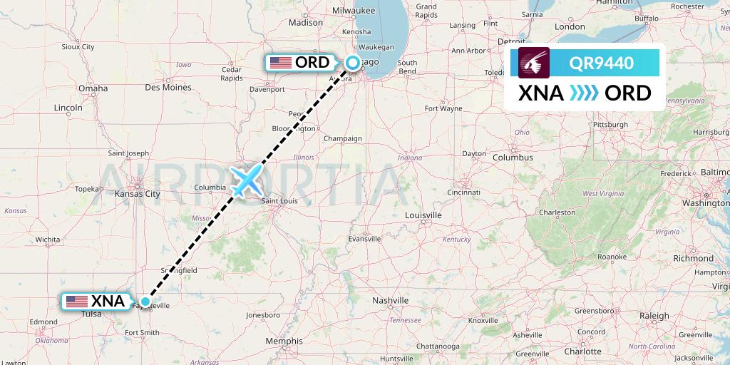 QR9440 Qatar Airways Flight Map: Bentonville to Chicago