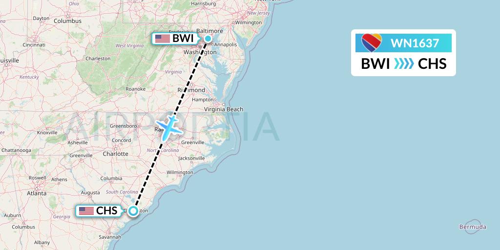 WN1637 Southwest Airlines Flight Map: Baltimore to Charleston