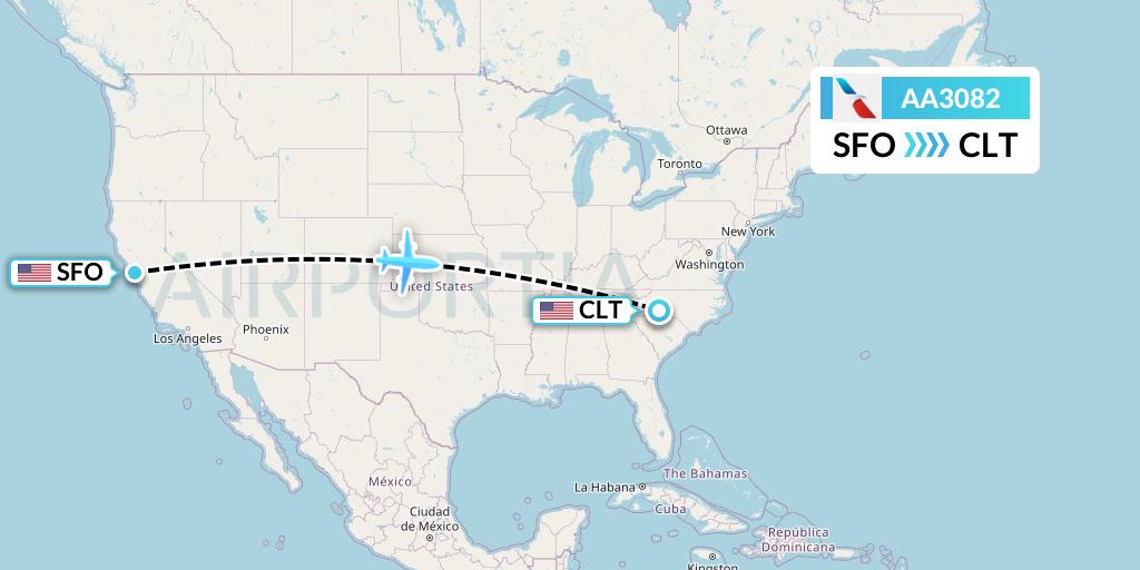 AA3082 American Airlines Flight Map: San Francisco to Charlotte
