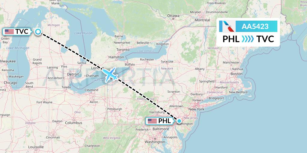 AA5423 American Airlines Flight Map: Philadelphia to Traverse City