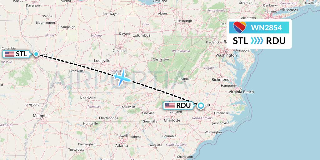 WN2854 Southwest Airlines Flight Map: St. Louis to Raleigh-Durham