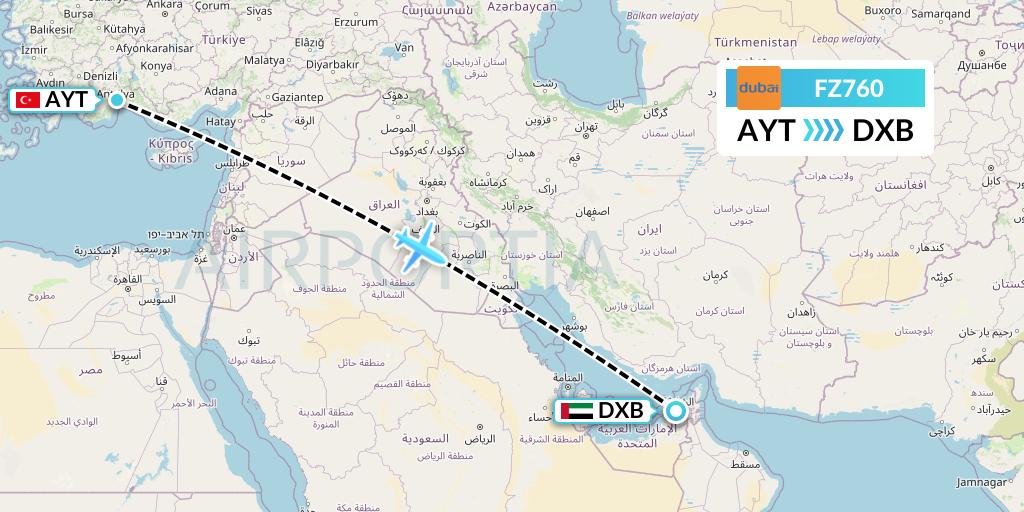 FZ760 FlyDubai Flight Map: Antalya to Dubai