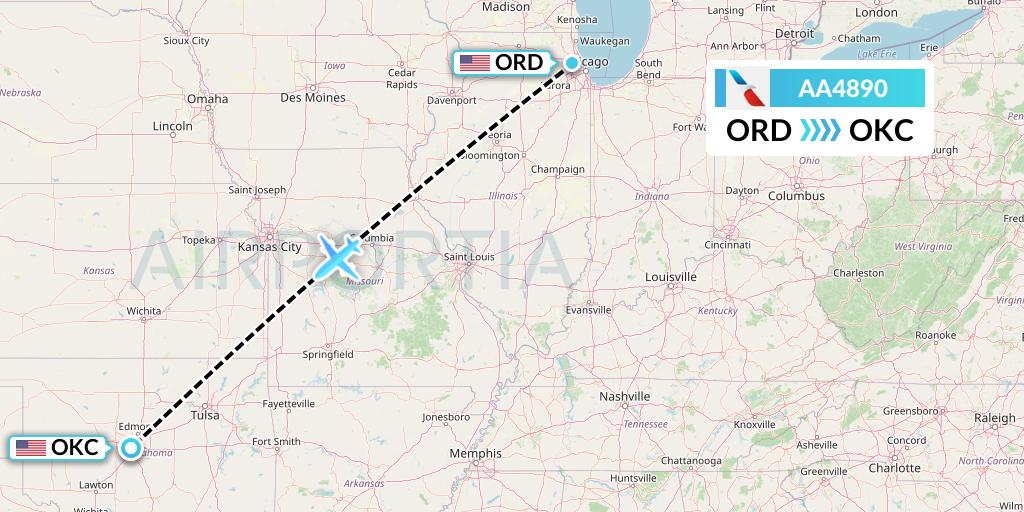 AA4890 American Airlines Flight Map: Chicago to Oklahoma City