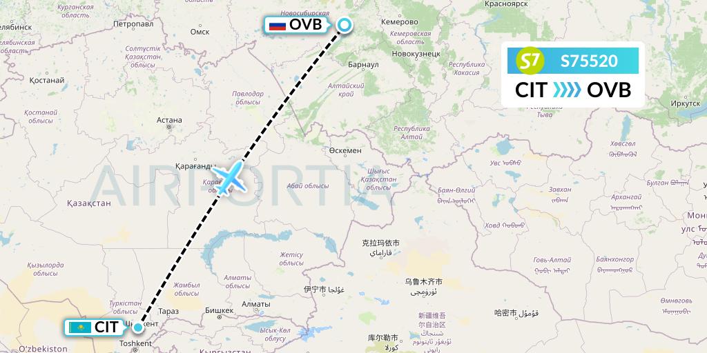 S75520 S7 Airlines Flight Map: Shymkent to Novosibirsk