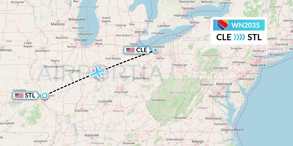 WN2035 Southwest Airlines Flight Map: Cleveland to St. Louis
