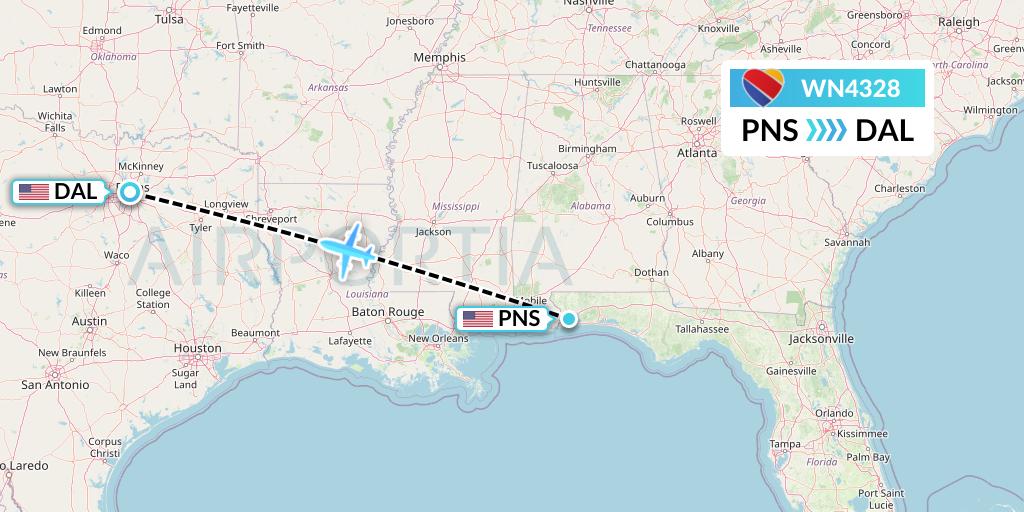 WN4328 Southwest Airlines Flight Map: Pensacola to Dallas