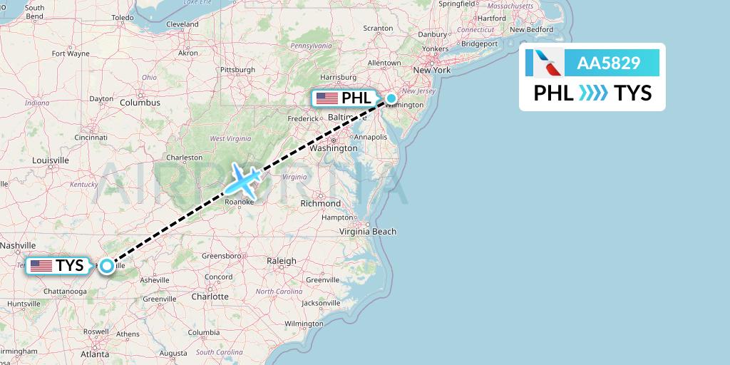 AA5829 American Airlines Flight Map: Philadelphia to Knoxville