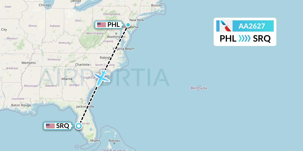 AA2627 American Airlines Flight Map: Philadelphia to Sarasota