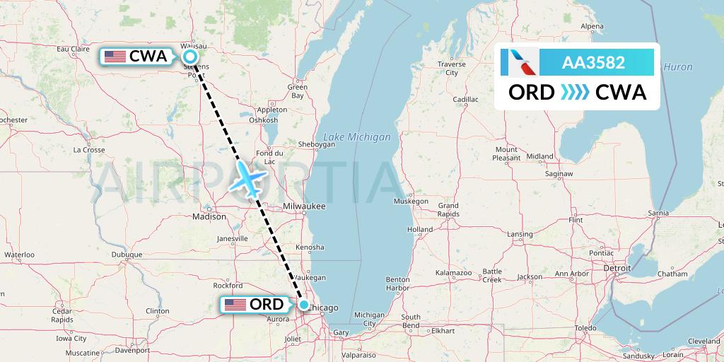 AA3582 American Airlines Flight Map: Chicago to Wausau