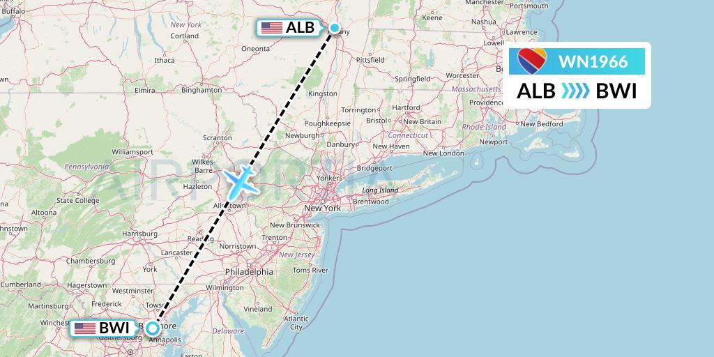 WN1966 Southwest Airlines Flight Map: Albany to Baltimore