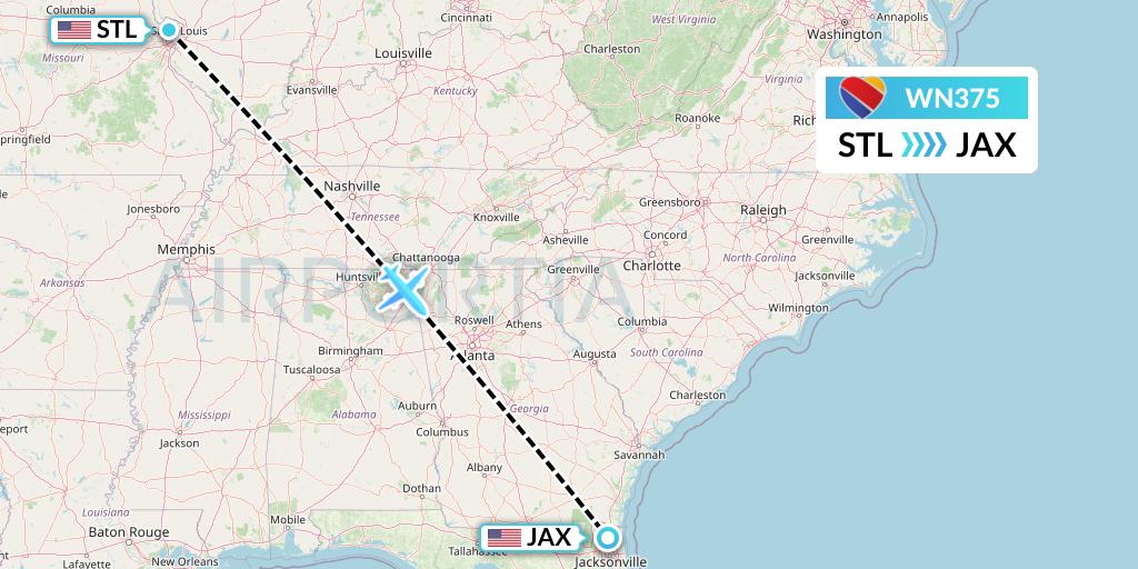 WN375 Southwest Airlines Flight Map: St. Louis to Jacksonville